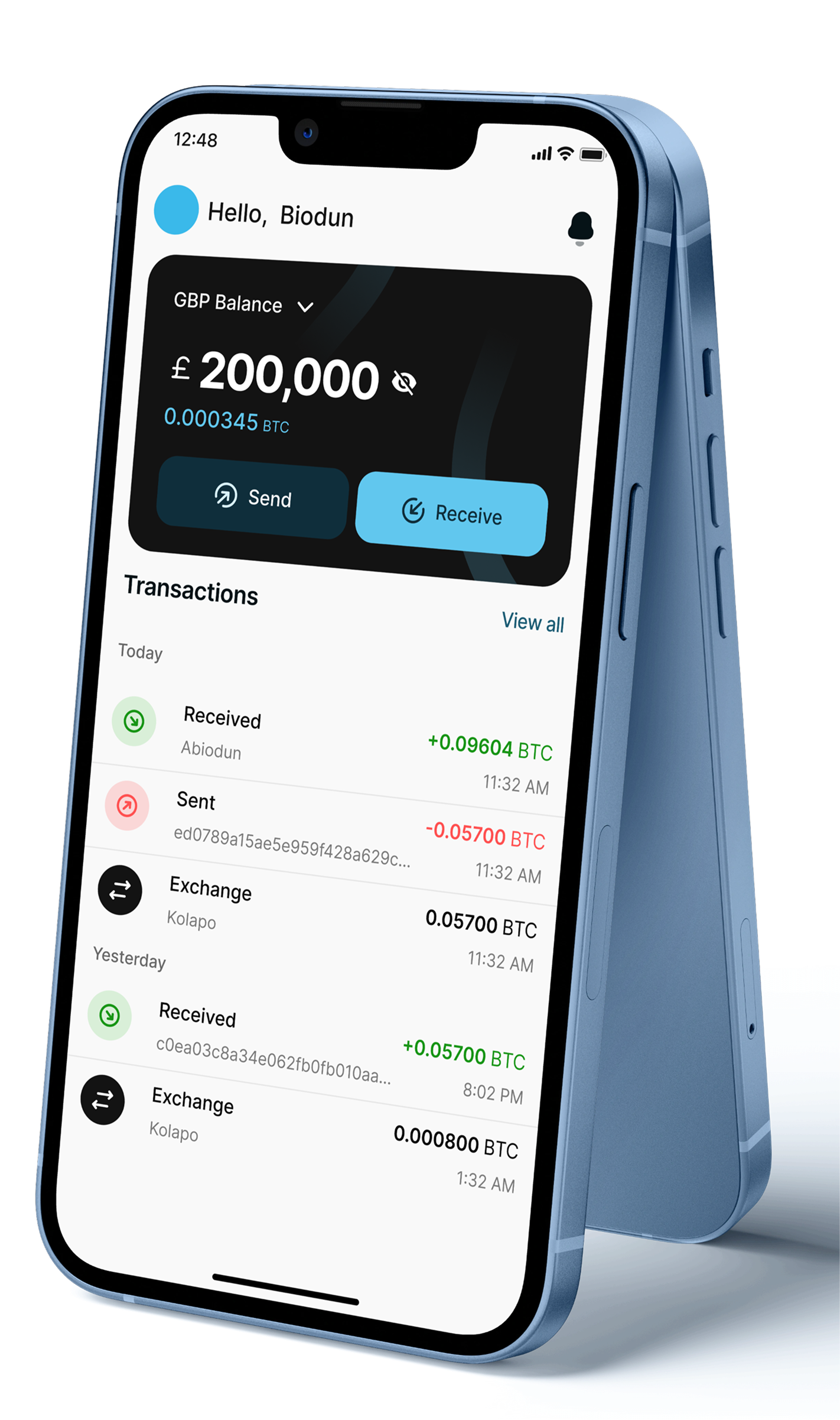 CoinCorner Bitcoin wallet showing a pound balance and recent transactions on a blue phone